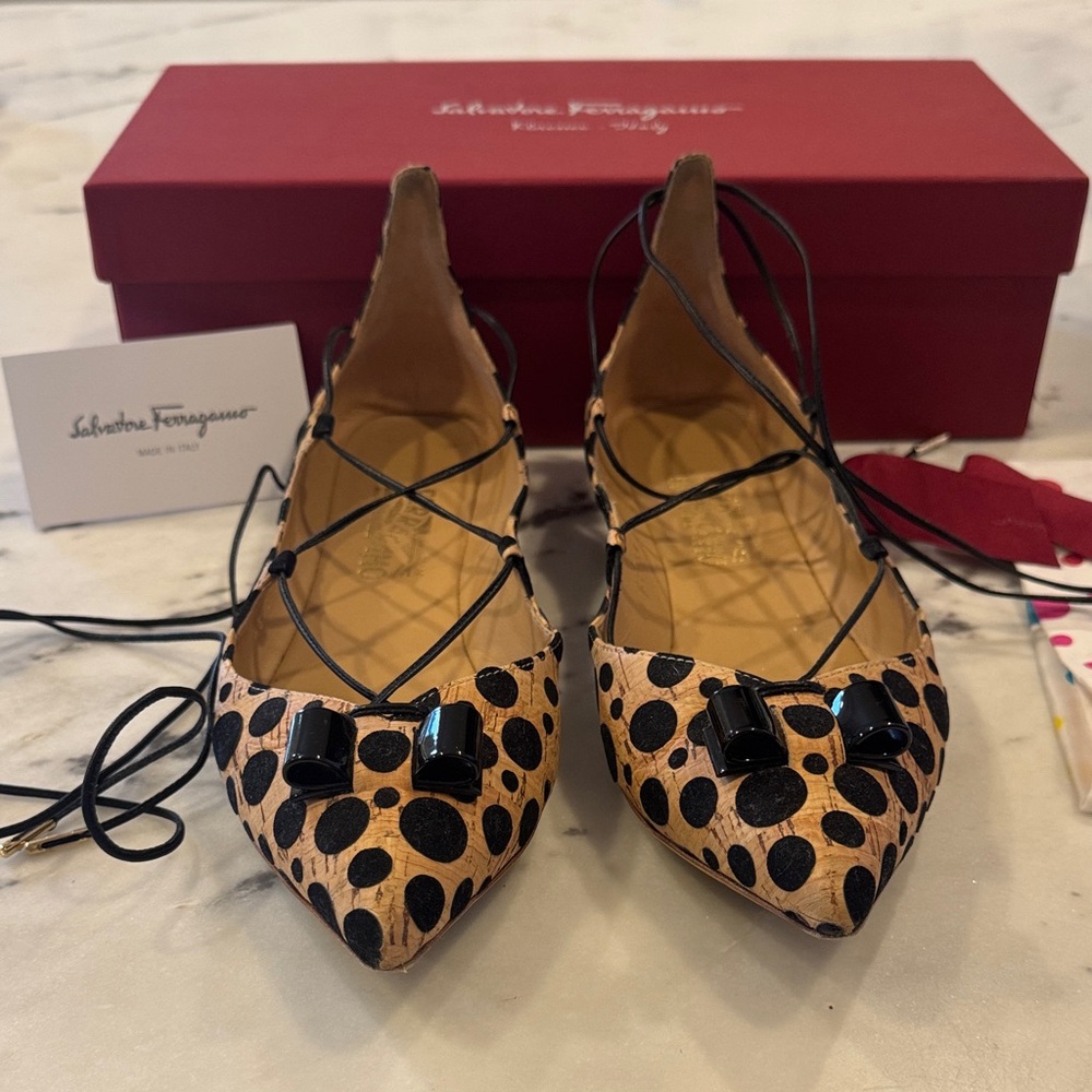 Salvatore Ferragamo Women's Black and Tan Polka Dot Flats